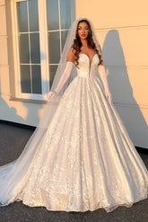 Elegant White Ball Gown V-Neck Sleeveless Beaded Lace Long Wedding Dress